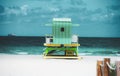 Miami Beach with lifeguard tower and coastline with colorful cloud and blue sky. Sunny summer day, with blue sky and Royalty Free Stock Photo