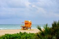 Miami Beach with lifeguard tower and coastline with colorful cloud and blue sky. Travel holiday ocean location concept. Royalty Free Stock Photo