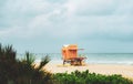 Miami Beach with lifeguard tower and coastline with colorful cloud and blue sky. Travel holiday ocean location concept. Royalty Free Stock Photo