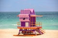 Miami Beach with lifeguard tower and coastline with colorful cloud and blue sky. World famous travel location. Royalty Free Stock Photo