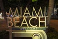 Miami beach night sign. Miami Beach welcome sign, Florida. Royalty Free Stock Photo