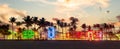 Miami Beach Ocean Drive panorama with hotels and restaurants at sunset. City skyline with palm trees at night. Art deco Royalty Free Stock Photo