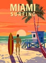 Miami Beach Retro Poster, surfer with surfboard. Lifeguard house on the beach, palm, coast, surf, ocean. Vector Royalty Free Stock Photo