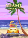 Miami Beach, Retro Poster. Yellow vintage car, sunset, palm on the beach, coast, surf, ocean. Vector illustration Royalty Free Stock Photo