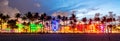 Miami Beach, USA - September 10, 2019: Panorama of Ocean Drive hotels and restaurants at sunset. City skyline with palm