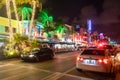 Miami Beach, USA - September 10, 2019: Ocean Drive Miami Beach at sunset. City skyline with palm trees at dusk. Art deco Royalty Free Stock Photo