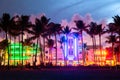 Miami Beach, USA - September 10, 2019: Ocean Drive Miami Beach at sunset. City skyline with palm trees at dusk. Art deco Royalty Free Stock Photo