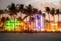 Miami Beach, USA - September 10 2019: Ocean Drive Miami Beach at sunset. City skyline with palm trees at dusk. Art deco Royalty Free Stock Photo