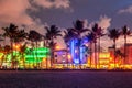 Miami Beach, USA - September 10, 2019: Ocean Drive Miami Beach at sunset. City skyline with palm trees at dusk. Art deco Royalty Free Stock Photo