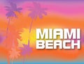 Miami Beach white lettering with colorful palm trees on beatiful sunset backround. Travel Postcard