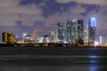 Miami business district, lights and reflections of the city. Miami, Florida, USA skyline on Biscayne Bay, city night Royalty Free Stock Photo