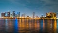 Miami city. Miami skyline panorama at dusk with skyscrapers over sea. Night downtown sanset. Royalty Free Stock Photo