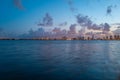 Miami city. Miami skyline panorama at dusk with skyscrapers over sea. Night downtown sanset. Royalty Free Stock Photo