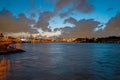 Miami city. Miami skyline panorama at dusk with skyscrapers over sea. Night downtown sanset. Royalty Free Stock Photo