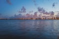 Miami city. Miami skyline panorama at dusk with skyscrapers over sea. Night downtown sanset. Royalty Free Stock Photo