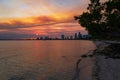 Miami city skyline panorama with urban skyscrapers over sea with reflection. Miami downtown. Royalty Free Stock Photo