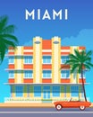 Miami City Travel Retro Poster, Sunny Day In Art Deco District. Summer Florida Vintage Banner.
