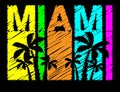 Miami colorful lettering with black palms trees. Travel postcard...