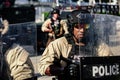 Miami Downtown, FL, USA - MAY 31, 2020: American cops and military. Close-up photo portrait. Brave man.