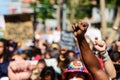 Miami Downtown, FL, USA - MAY 31, 2020: Black hand at a peaceful protest. Human rights. The situation in the USA with