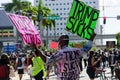 Miami Downtown, FL, USA - MAY 31, 2020: Black man against US President Donald trump. Protest.