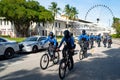 Miami Downtown, FL, USA - MAY 31, 2020: Police Bicycle Patrol in Miami. Protection for the city. Calm and safety.