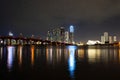 Miami downtown. Miami Florida, sunset panorama with colorful illuminated business and residential buildings and bridge