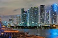 Miami downtown. Miami Florida at sunset, skyline of illuminated buildings and Macarthur Causeway bridge. Royalty Free Stock Photo