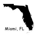 Miami on Florida State Map. Detailed FL State Map with Location Pin on Miami City. Black silhouette vector map isolated on white b Royalty Free Stock Photo
