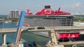 Aerial video Virgin Voyages cruise ship at Port Miami