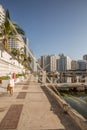 Miami, Florida - September 16, 2017: Sunken boat on Brickell Bay avenue marina days after hurricane Irma strikes the city during