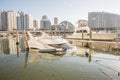 Miami, Florida - September 16, 2017: Sunken boat on Brickell Bay avenue marina days after hurricane Irma strikes the city during