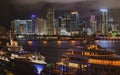 Miami Florida at sunset, skyline of illuminated buildings and Macarthur Causeway bridge. Miami downtown. Royalty Free Stock Photo