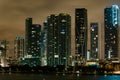 Miami Florida at sunset, skyline of illuminated buildings and Macarthur Causeway bridge. Miami night downtown, city Royalty Free Stock Photo