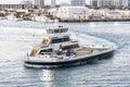 Aerial view on the ferry boat sailing inside the Miami sea port. Royalty Free Stock Photo