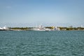 Miami, Florida USA - April 15, 2021: port or harbor with ship and yacht Royalty Free Stock Photo