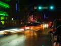 Miami, Florida, USA. August 2019. Ocean Drive neon at night on a saturday night. Long exposure