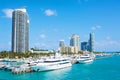 Miami, Florida, USA downtown skyline. Building, ocean beach and blue sky. Beautiful city of United States of America