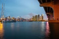 Miami, Florida, USA downtown skyline over Biscayne Bay, night city. Royalty Free Stock Photo
