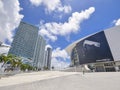 Miami, Florida, USA - Low angle shot of American Airlines Arena and luxury hi-end condominiums