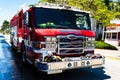 Miami, Florida, USA - JUNE 2020: Fire rescue car truck in Miami Beach. Firefighters with engine fire truck. Natural