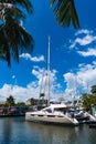 Miami, Florida USA - March 25, 2023: summer vacation on sailing yacht catamaran in miami