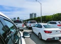 Miami, Florida, USA - May 10, 2018: The many cars at traffic jam on a highway in Miami, FL, USA.