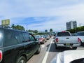 Miami, Florida, USA - May 10, 2018: The many cars at traffic jam on a highway in Miami, FL, USA. Royalty Free Stock Photo