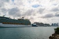 MIAMI, FLORIDA, USA - MAY, 2020: Several cruise ships near Dodge Island in Miami. Tourism, ocean travel.