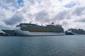 MIAMI, FLORIDA, USA - MAY, 2020: White cruise ship docked at the port of Miami. Large luxury cruise ship on sea water Royalty Free Stock Photo