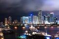 Miami, Florida, USA skyline on Biscayne Bay, city night backgrounds. Yacht or boat next to Miami downtown. Royalty Free Stock Photo