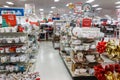 Miami, Florida/USA - 12/02/2019: Walmart decorated for Christmas. Merchandises for New year decoration. Rows with products