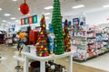 Miami, Florida/USA - 12/02/2019: Walmart decorated for Christmas. Merchandises for New year decoration. Rows with products