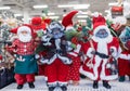 Miami, Florida/USA - 12/02/2019: Walmart decorated for Christmas. Merchandises for New year decoration. Rows with products